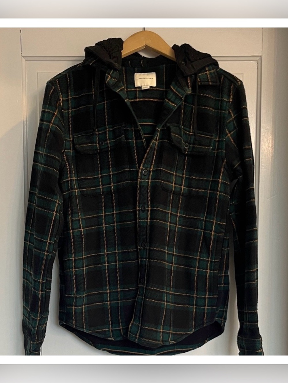 American Eagle Outfitters Green and Black Plaid Hooded Shirt Jacket Men’s Size S
